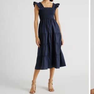 Quince Women's Navy Blue 100% Organic Cotton Poplin Smocked Midi Dress S